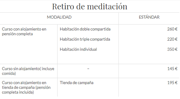 TABLA DE PRECIOS RETIRO MEDITACIÓN